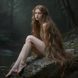 a fairy with very long hair sitting on a rock. atmospheric lighting. highly detailed digital painting by ross tran.