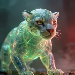 closeup portrait of a living goo on a ( transparentcyborg leshy panther with glowing veins ), on titan, cinematic light, backlight glow, green red, mist, by mikhail vrubel, by philippe druillet, by peter elson, by gerald brom, muted colors, extreme detail, trending on artstation, 8 k