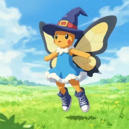 butterfly pokemon with black eyes and antennae wearing a battle skirt blue thorax hat floating over a field wearing converse greaves and a witch hat, concept art by brent hollowell artstation