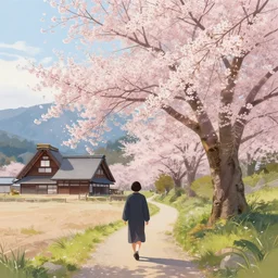 walking around hida - furukawa and kamioka, gifu, japan. volumetric lighting, spring early morning, late afternoon, one cherry blossom tree, nice weather, few clouds, realistic illustration, perfectly shaded, soft painting, art by krenz cushart and wenjun lin