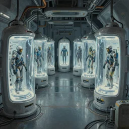 ultra realist intricate detailed painting of a room full of cryo pods, blade runner, sci - fi, very intricate details, 8 k resolution, volumetric lighting, artstyle hiraku tanaka, award winning
