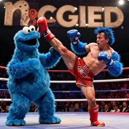 elmo kicking cookie monster, muay thai boxing match, high kick, photography by steve mccurry and david lazar, volumetric lighting, very detailed face, artstation, press, magazine