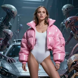 beautiful fantasy character portrait, natalie portman, wearing oversized plastic puffy pink bomber jacket and white leotard, very seductive pose, ultra realistic, wide angle, dramatic lighting, futuristic vehicle, alien creatures, cyberpunk artifacts, highly detailed by hajime sorayama, peter mohrbacher, boris vallejo, aaron horkey,