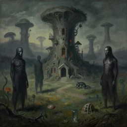 a strange, foreboding dreamscape | | ominous beings | | strange dwellings | | unnatural landscape | | organic painting by max masnyy, jakub gazmercik, beeple, patrick faulwetter, heavenlydaemonic, and mc escher, surrealism, trending on artstation