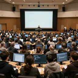a lot of people communicating with each other in a large hall