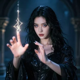 a sorceress with beautiful face and black hair, casting a spell