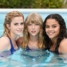 emma watson and taylor swift and selena gomez swim together. perfect faces.