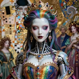 a masterpiece hyper detailed portrait of a beautiful evil cruel girl - cyborg baroque renaissance. rainbow color scheme. medium shot, intricate, elegant, highly detailed, by stanley artgerm lau, wlop, rossdraws, james jean, andrei riabovitchev, marc simonetti, background by james jean and gustav klimt, light by julie bell, 4 k, porcelain skin.