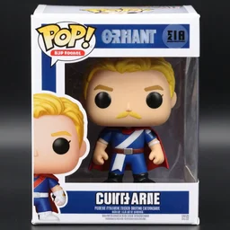a funko figurine of a  crossfiter with blond hairs and mustache, blue white red cape in its original packaging with  BRIANT written on the box, space around the character,  hyper realistic, mate painting mix rendering