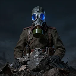 portrait of futuristic world war 1 russian soldier with gp - 5 gas mask with blue light glowing, on top of a giant debris pile, dark night background, moody colors, high details, dripping paint, greg rutkowski, craig mullins, ash thorpe, fibonacci rhythm ar