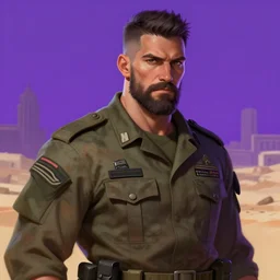 purple lighting, detailed character portrait concept illustration, white male strong muscular mature soldier with beard and short hair in a soldier uniform, desert with city in the background, sharp focus, illustration, highly detailed, digital painting, concept art, matte, art by wlop and artgerm and greg rutkowski, masterpiece