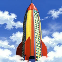 red - yellow - blue building, skyscraper shaped like rocket ship, aquamarine windows, megatall building, tallest building in history, peak of building above clouds, anime, 2 0 0 1 anime, colorful building, cel - shading, cel - shaded