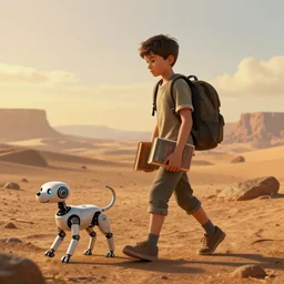 highly detailed digital illustration of a young boy carrying a book and a wearing a backpack, walking through a barren wasteland with his robot dog | fantasy art, cryengine, concept art, photorealism, daz 3 d, sketchfab, zbrush, vray, golden hour, rule of thirds, golden ratio