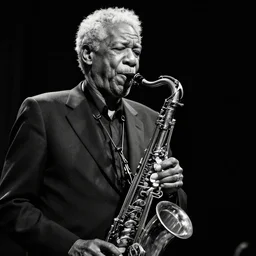 morgan freeman on alto saxaphone. black and white high contrast