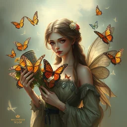 a beautiful young lady holding a bunch of butterflies, art by wlop, deviantart contest winner, fantasy art, detailed painting, artwork