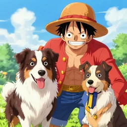 luffy from one piece with an australian shepard, by eiichiro oda