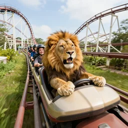selfie of an excited lion riding a roller - coaster, wide angle, highly - detailed realistic