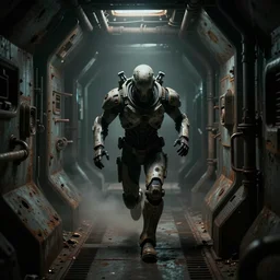 horror movie scene of an individual in futuristic armor inspired by dead space being chased down a hallway, running through an hr giger inspired space station, rusty metal walls, broken pipes, dark colors, muted colors, tense atmosphere, mist floats in the air, amazing value control, dead space, moody colors, dramatic lighting, ussg ishimura, frank frazetta