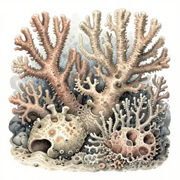 fantastical storybook form,  toned down, depth, internal contours, gouache and ink watercolor of coral life nuanced shading stunning extravagant rocky sea floor glimmering thin details mixed media aged fresco, abandoned scuba visor cracked multifaceted photo of a painting