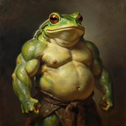 subject: muscular oversized frog warrior in medium shot backlight portrait, style:  very heavy textured rembrandt oil painting with dramatic light