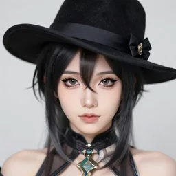 lady with eyeliner makeup from genshin impact in triangle fedora hat and black coat, wavy lingeries, intricate, elegant, sharp focus, illustration, highly detailed, digital painting, concept art, art by wlop and artgerm and greg rutkowski and ross tran, masterpiece, red and white and black colors