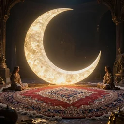 giant shining crescent clearly seen, magic fluffy persian carpet dimension, by greg rutkowski and gaston bussiere, dim lighting, beautiful volumetric - lighting - style atmosphere, surreal atmosphere, intricate, detailed, photorealistic imagery, trending artstation