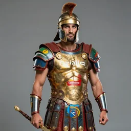 an ancient greek warrior with brightly colored sponsorship branding on his armor. high quality studio photography, promotional photography