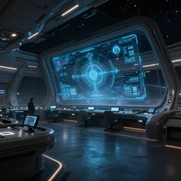 Scifi concept art, spaceship bridge, holographic screens, hi-tech, large windows into space, dark atmosphere, scifi, highly detailed, digital painting, artstation, concept art, smooth, sharp foccus ilustration, Artstation HQ