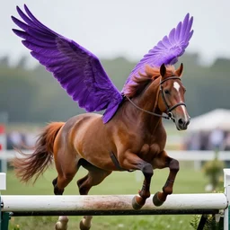 action shot from a distance of 2 0 m of a winged appaloosa horse, the wings are unfurled periwinkle color wings, saturated colored mane. the horse is at a steeplechase event, professional, high quality, 4 k, dof, bokeh, action, dramatic lighting, digital art