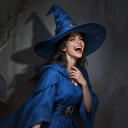 a lady with dark hair in a blue robe and blue wizard hat, laughing maniacally. shadow and light, d & d, intricate, elegant, volumetric lighting, scenery, digital painting, highly detailed, artstation, sharp focus, illustration, concept art, ruan jia, steve mccurry