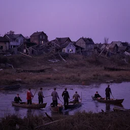 5 5 mm portrait photo of the crowd of afloats now charged through the purple twilight across slope and field to where a dismal clutter of house and broken buildings shouted. 8 0 s atmosphere. art by greg rutkowski. soft light. nikon d 8 5 0. intricate. lifelike. highly detailed 8 k.