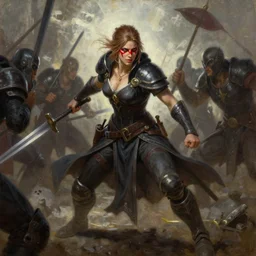 female mage hawke from dragon age 2 entering battle with a look of determination, red war paint across her nose, bioware, oil painting, epic, dynamic lighting, full body, fantasy, battle scene, cinematic, popular on artstation, by jeremy lipkin and michael garmash and rob rey