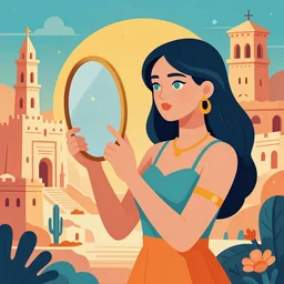 psychedelic illustration of woman holding mirror in front of ancient city, faile style