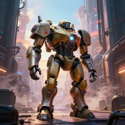 a film still from elysium by ian mcque, large military mech stands guard in an alley of a steaming industrial planet city, vibrant, 5 0 mm lens, video game character and environment design, behance hd, studio, evening, dramatic lighting, cinematic, global illumination, trending on artstation, bloom