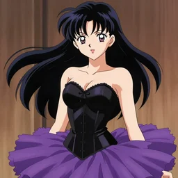 a beautiful anime anime anime anime anime anime woman with long black hair, wearing a black corset top and a purple tutu, art by Steve Argyle