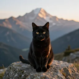 black cat on mountain, cinematic look, god lighting, 4 k majestic looking
