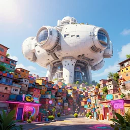 giant big detail white   megastructure cargo favela the wall fortress neon pub  with little plant along borderland style vivid colorful  Hyperrealistic CGI Photorealistic cinematic volume lighting clear sky sun day fanart on ArtStation  concept art
