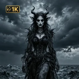 a portrait of a creepy grotesque sea witch with dark turbulent skies, photorealistic, by jessica rossier, 4 k resolution