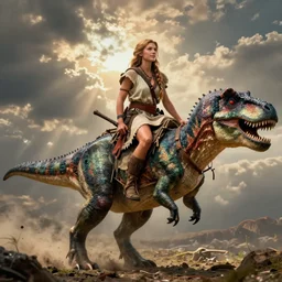 hyper realistic photo of prehistoric hunter girl on a dino full body, cinematic, artstation, cgsociety, greg rutkowski, james gurney, mignola, craig mullins, jean baptiste monge, brom