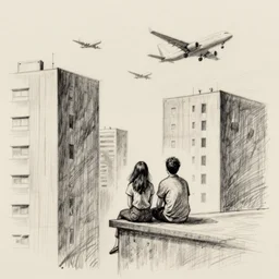 a pencil sketch of 2 people sitting on the edge of a building looking away from the camera, tall rectangular buildings in the background, planes flying overhead