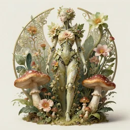 organic cyborg with flowers and mushrooms and green leaves, diffuse lighting, fantasy, intricate, elegant, highly detailed, lifelike, photorealistic, digital painting, artstation, illustration, concept art, smooth, sharp focus, art by john collier and albert aublet and krenz cushart and artem demura and alphonse mucha