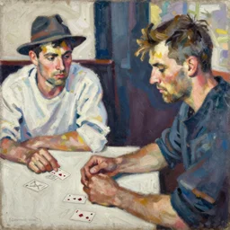 oil painting in the style of john craxton sailors. playing cards. brush marks. strong lighting. pub seated figure hands on table. strong expressions on faces. cheekbones. aesthetics to ivon hitchins. line drawing on painting,