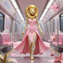full body image of a stunning beautiful anthropomorphic lionness woman made out of ceramic gold diamonds wearing a flowing pink colored paper dress, a futuristic subway stop made out of origami, origami orchids, heavenly light, 3 d, very detailed, octane render, trending artstation, artgem