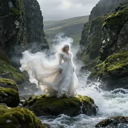 1 9 7 0's artistic spaghetti western movie in color, a woman in a giant billowy wide flowing waving dress made out of white smoke, standing inside a green mossy irish rocky scenic landscape, crashing waves and sea foam, volumetric lighting, backlit, moody, atmospheric