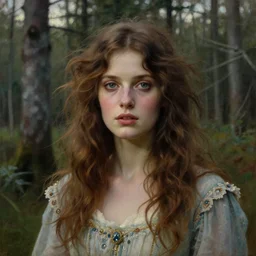 a beautiful and eerie baroque painting of a gorgeous young woman from vermont, with wild hair and haunted eyes, 1 9 7 0 s, swamp, afternoon light, delicate embellishments, painterly