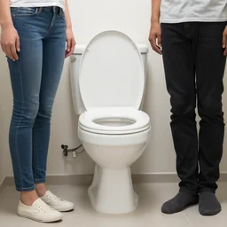 Tandem toilet usable by two people at the same time, stock photo