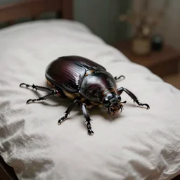 a huge beetle sitting up in bed hyperrealistic cinematic 3 5 mm
