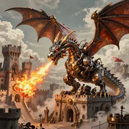 A mechanical dragon spitting fire to attack the castle, steampunk, ultra detailed, 4k, retro future, cloud in the sky, by Greg Rutkowski and Jakub Rozalski, artstation, concept art, artstation
