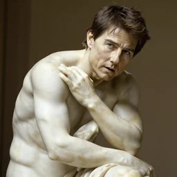 a hyper-detailed marble statue of Tom Cruise; anatomically correct; an extraordinary masterpiece!!!; flawless; fearful posture; photorealistic eyes; trending on artstation; f/1.4; 90mm