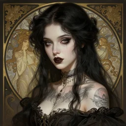 portrait of a pretty gothic with tattoo, intricate, elegant, highly detailed, digital painting, artstation, concept art, smooth, sharp focus, illustration, art by artgerm and greg rutkowski and alphonse mucha and william - adolphe bouguereau